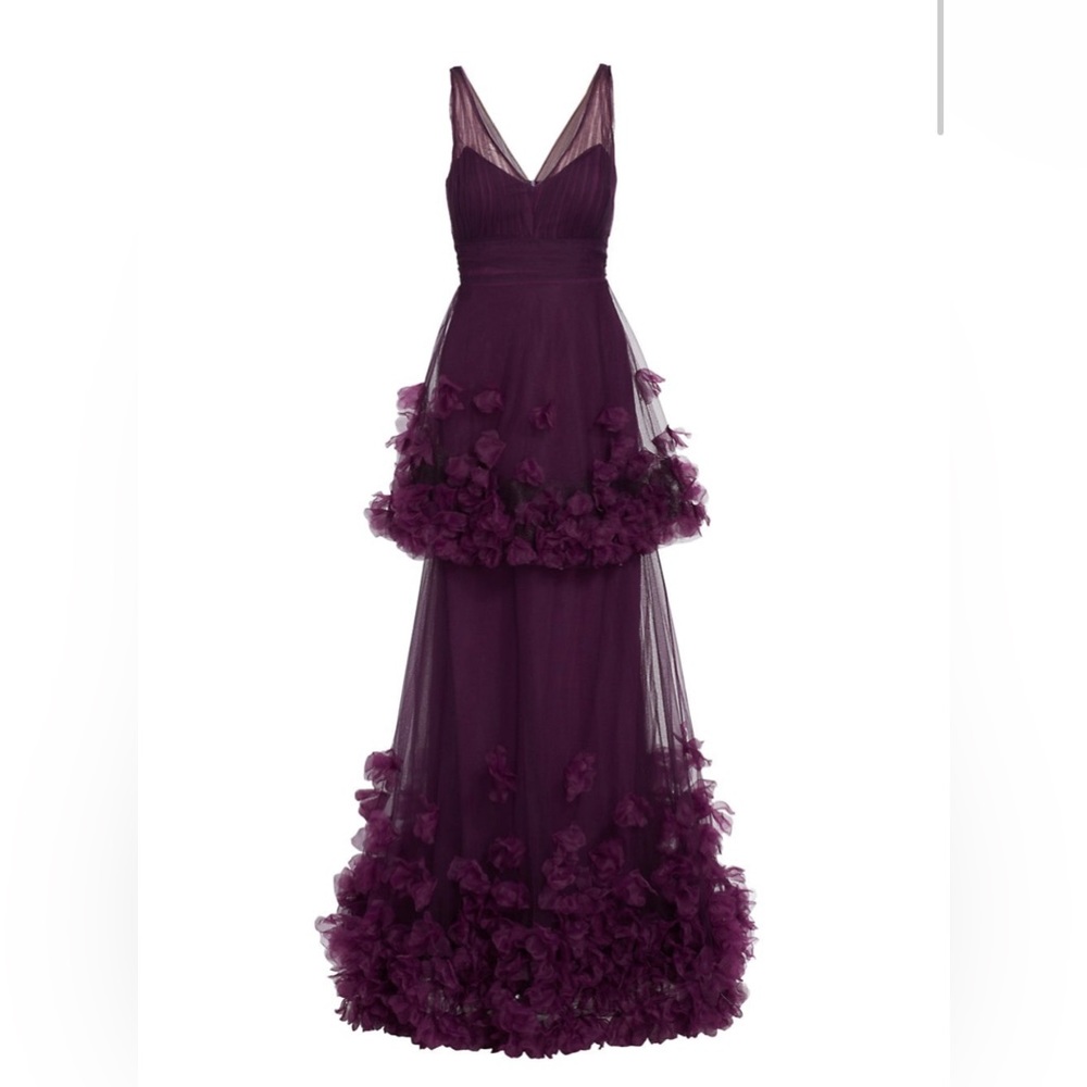 Marchesa Notte Floral Appliqué Tiered Gown NWT